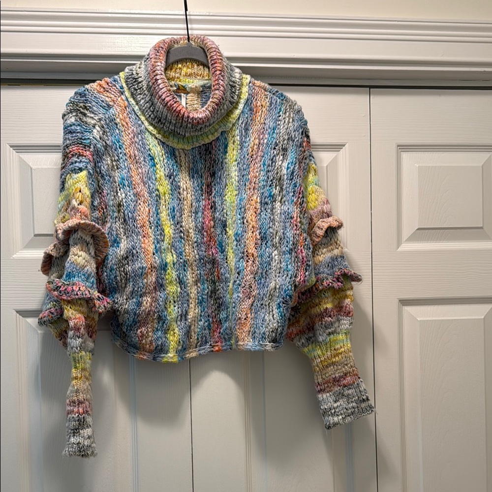 Free People Vibrant Blue and Yellow Turtleneck Sweater
